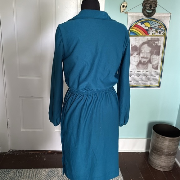 Vintage teal long sleeve elastic waist side button dress large - Picture 3 of 7